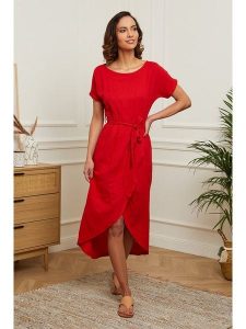 Le Monde du Lin Lniana sukienka w kolorze czerwonym rozmiar: 38/40. Czerwone sukienki Le Monde du Lin, bez wzorów, ze lnu, z asymetrycznym kołnierzem, bez ramiączek, midi, asymetryczne. Za 130,99 zł.