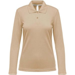Damska koszulka polo z długim rękawem Kariban. Brązowe bluzki KARIBAN, bez wzorów, z bawełny, eleganckie, bez kołnierzyka, bez ramiączek. Za 142,50 zł.