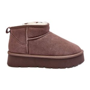 Modne Zamszowe Niskie Śniegowce Khaki Nucca beżowy. Brązowe buty zimowe ze skóry, bez obcasa, na platformie, bez zapięcia. Za 328,54 zł.