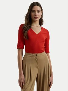 LAUREN RALPH LAUREN Bluzka 200815843008 Czerwony Slim Fit. Czerwone bluzki Lauren Ralph Lauren, m, bez wzorów, z bawełny, bez kołnierzyka, bez ramiączek. Za 169,99 zł.