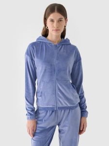 4F Bluza dresowa z weluru rozpinana z kapturem damska - granatowa XS. Niebieskie bluzy 4f, xs, bez wzorów, z dresówki, z kapturem. W wyprzedaży za 79,99 zł.