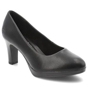 Czółenka damskie Rieker w klasycznym fasonie z zaokrąglonym noskiem stabilnym obcasem typu słupek i subtelną platformą czarne, 41560-01 Black. Czarne czółenka Rieker, bez wzorów, bez obcasa, na platformie, bez zapięcia. Za 349,00 zł.