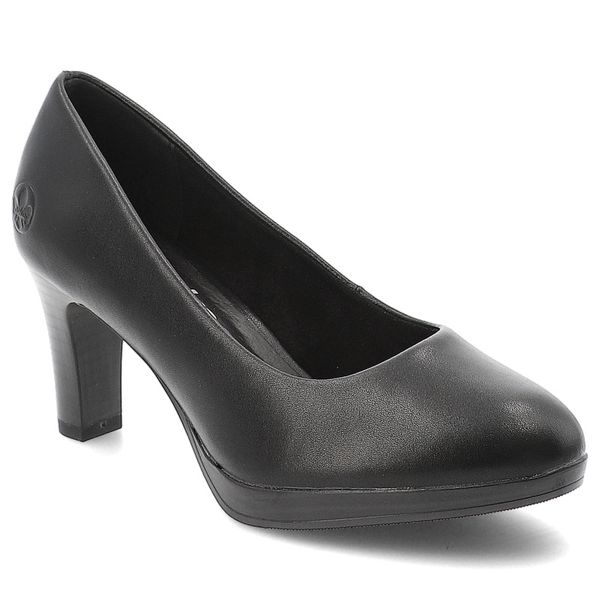 Czółenka damskie Rieker w klasycznym fasonie z zaokrąglonym noskiem stabilnym obcasem typu słupek i subtelną platformą czarne, 41560-01 Black. Czarne czółenka Rieker, bez wzorów, bez obcasa, na obcasie, bez zapięcia. Za 349,00 zł.