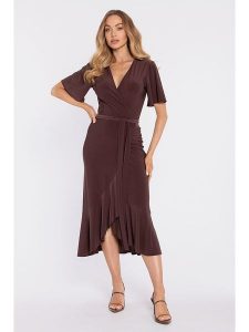 Made of emotion Sukienka w kolorze brązowym rozmiar: S. Brązowe sukienki Made Of Emotion, s, bez wzorów, bez kołnierzyka, bez ramiączek, midi, kopertowe. Za 234,99 zł.