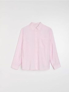 Koszula oversize w pionowe paski, z wiskozą - różowy. Czerwone koszule Sinsay, l, bez wzorów, z wiskozy, bez kołnierzyka, bez ramiączek. Za 39,99 zł.