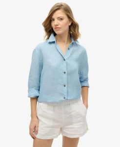 Superdry Koszula Boyfriend Casual z Lnu - Sea Blue Chambray. Niebieskie koszule Superdry, bez wzorów, ze lnu, bez kołnierzyka, bez ramiączek. Za 345,20 zł.