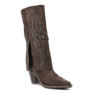 Brązowe Kozaki Alma En Pena Eleganckie Buty Damskie. Brązowe kozaki Alma en Pena, na jesień, z aplikacjami, z jeansu, bez obcasa, bez zapięcia. Za 799,00 zł.
