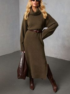 Milan Kiss Sukienka dzianinowa w kolorze khaki rozmiar: L. Brązowe sukienki Milan Kiss, na co dzień, l, bez wzorów, z dzianiny, bez kołnierzyka, bez ramiączek, maxi, proste. Za 208,99 zł.