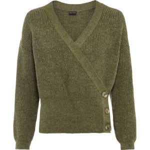Sweter rozpinany z założeniem kopertowym. Zielone kardigany bonprix, bez kołnierzyka. Za 159,99 zł.