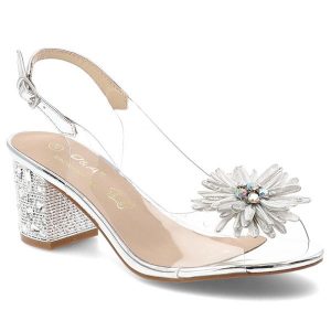 Sandały damskie S.Barski, cholewka z tworzywa zapinane na sprzączkę ozdobna aplikacja regulowany pasek stabilny obcas elegancki fason, srebrne, MR61-. Szare sandały S.BARSKI, z aplikacjami, bez obcasa, na obcasie, bez zapięcia. Za 199,00 zł.