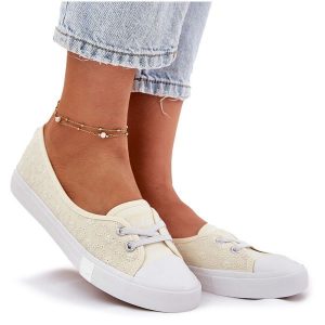 Tenisówki Trampki Damskie Z Haftem Lee Cooper LCW-25-31-3445L Beżowe beżowy. Brązowe trampki bez wzorów, bez zapięcia. Za 173,90 zł.