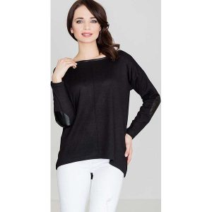 Czarny Sweter z Łatami na Rękawach. Czarne swetry klasyczne Katrus, l, z elastanu, bez kołnierzyka. Za 159,00 zł.