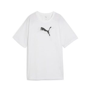 Damska koszulka Evostripe o luźnym kroju z grafiką PUMA White. Białe bluzki Puma, bez wzorów, sportowe, bez kołnierzyka, bez ramiączek. W wyprzedaży za 99,00 zł.