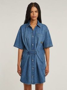 G-Star Sukienka dżinsowa w kolorze niebieskim rozmiar: XXS. Niebieskie sukienki G-Star, xxs, bez wzorów, z bawełny, retro, bez kołnierzyka, bez ramiączek, mini. Za 282,99 zł.