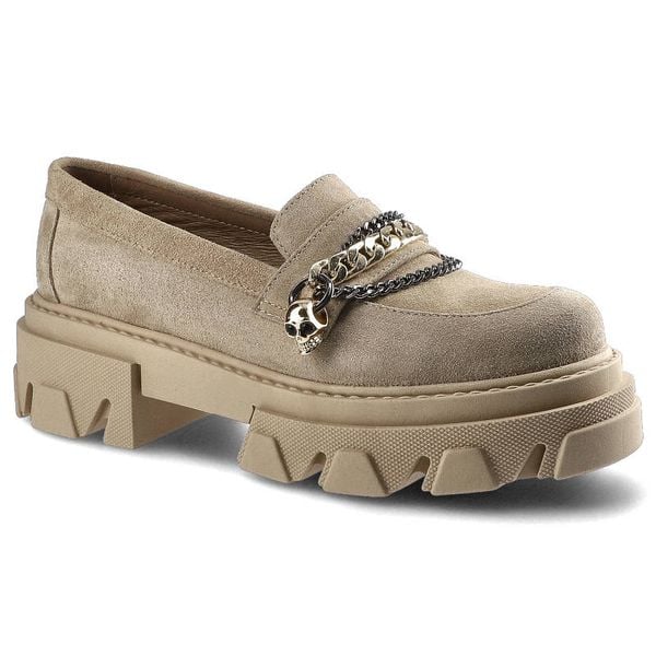 Półbuty damskie Carinii, wsuwany fason typu loafers cholewka ze skóry naturalnej zamszowej masywna traktorowa podeszwa gruba platforma ozdobny łańcuc. Brązowe półbuty Carinii, z aplikacjami, ze skóry, bez obcasa, na platformie, bez zapięcia. Za 309,00 zł.