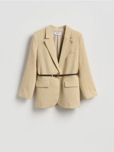 Marynarka z paskiem - beżowy. Brązowe marynarki i żakiety Reserved, l, bez wzorów, z tkaniny. Za 229,99 zł.