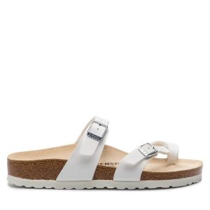Japonki Birkenstock. Białe klapki Birkenstock, bez wzorów, bez obcasa. Za 249,99 zł.