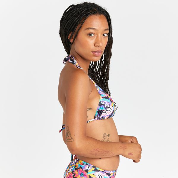 Góra kostiumu kąpielowego surfingowego damska Olaian Mae Bibi. Bikini DECATHLON, bez wzorów, z elastanu. W wyprzedaży za 19,99 zł.