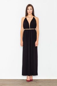 Czarna Elegancka Maxi Sukienka z Ozdobnym Złotym Sznurkiem. Czarne sukienki Figl, na lato, l, bez wzorów, z elastanu, eleganckie, bez kołnierzyka, bez ramiączek, maxi. Za 289,00 zł.