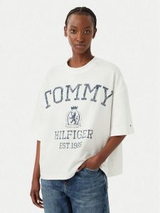 Tommy Hilfiger T-Shirt Varsity WW0WW50940 Kremowy Relaxed Fit. Białe t-shirty TOMMY HILFIGER, l, bez wzorów, z bawełny, bez kołnierzyka, bez ramiączek. Za 281,99 zł.
