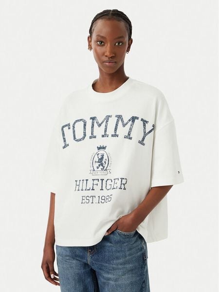 Tommy Hilfiger T-Shirt Varsity WW0WW50940 Kremowy Relaxed Fit. Białe t-shirty TOMMY HILFIGER, m, bez wzorów, z bawełny, bez kołnierzyka, bez ramiączek. Za 281,99 zł.