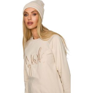 Czapka Beanie z Haftem - Piaskowa. Brązowe czapki MOE, bez wzorów, z bawełny. Za 96,90 zł.