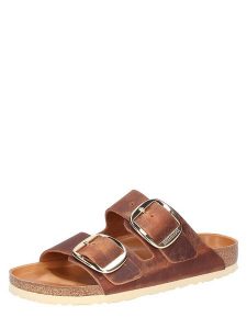 Birkenstock Skórzane klapki "Arizona" w kolorze brązowym rozmiar: 38. Brązowe klapki Birkenstock, bez wzorów, z otwartym noskiem, bez obcasa. Za 330,20 zł.