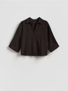 Koszula z wiskozą - brązowy. Brązowe koszule Reserved, l, bez wzorów, z tkaniny, bez kołnierzyka, bez ramiączek. Za 99,99 zł.