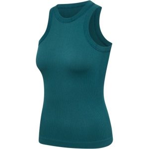 Bezszwowy damski top prążkowany Hummel Pulse. Zielone topy Hummel, bez wzorów, prążkowane, sportowe, bez kołnierzyka, bez ramiączek. Za 163,50 zł.