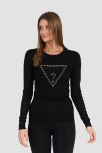 GUESS Czarny damski sweter Rylie Triangle Logo, Rozmiar M. Czarne swetry klasyczne Guess, m, z elastanu, bez kołnierzyka. W wyprzedaży za 322,99 zł.