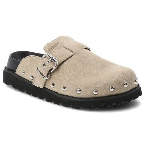 Klapki damskie Big Star, cholewka ze skóry naturalnej zamszowej z regulowanym paskiem i sprzączką, beżowe, RR274A376. Brązowe klapki Big Star, bez wzorów, ze skóry, bez obcasa. Za 215,90 zł.