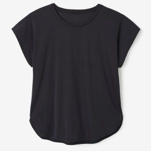 Koszulka fitness damska Domyos krótki rękaw. Czarne bluzki DOMYOS, l, bez wzorów, z elastanu, sportowe, bez kołnierzyka, bez ramiączek. Za 59,99 zł.