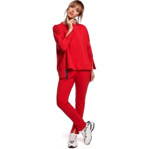 Wygodna Prosta Bluza z Lampasem - Czerwona. Czerwone bluzy MOE, l, bez wzorów, z bawełny, bez kaptura. Za 229,90 zł.