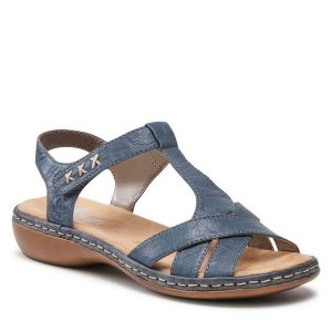 Sandały Rieker. Niebieskie sandały Rieker, bez wzorów, bez obcasa, na płaskiej podeszwie, bez zapięcia. Za 223,99 zł.