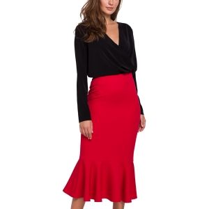 Elegancka ołówkowa spódnica midi zakończona falbaną. Spódnice Sukienki.shop, do pracy, l, bez wzorów, z elastanu, biznesowe, midi. Za 89,00 zł.