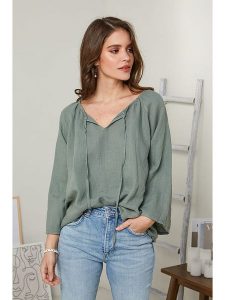 Rodier Lin Lniana bluzka w kolorze oliwkowym rozmiar: L/XL. Brązowe bluzki Rodier Lin, l, bez wzorów, ze lnu, bez kołnierzyka, bez ramiączek. Za 153,71 zł.