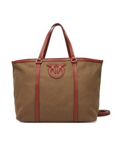 PINKO Torebka Miranda Shopper Classic PE 25 PLTT 104714 A2G2 Khaki. Brązowe shopper bag Pinko, bez wzorów, z materiału, bez dodatków. Za 509,99 zł.