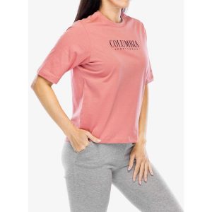 Koszulka z nadrukiem damska Columbia North Cascades Relaxed Tee. Czerwone bluzki Columbia, bez wzorów, bez kołnierzyka, bez ramiączek. Za 96,99 zł.