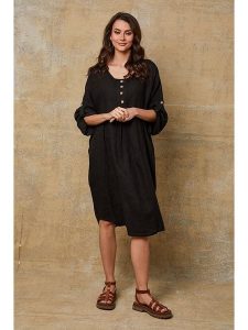 Fleur de Lin Lniana sukienka "Cadence" w kolorze czarnym rozmiar: XL. Czarne sukienki Fleur de Lin, xl, bez wzorów, ze lnu, bez kołnierzyka, bez ramiączek, midi. Za 165,99 zł.