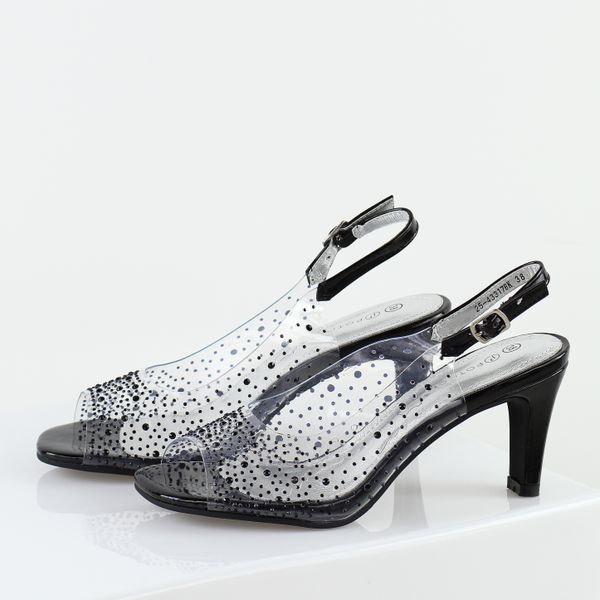 Czarne silikonowe sandały damskie na szpilce z ozdobą, transparentne Potocki 43317. Czarne sandały POTOCKI, z aplikacjami, ze skóry, bez obcasa, na szpilce, bez zapięcia. Za 159,00 zł.