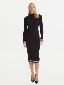 KARL LAGERFELD Sukienka dzianinowa A4W13028 Czarny Slim Fit. Czarne sukienki KARL LAGERFELD, s, bez wzorów, z dzianiny, bez kołnierzyka, bez ramiączek. Za 619,99 zł.