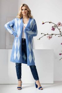 Elegancki sweter kardigan w romby niebieski. Niebieskie kardigany Peekaboo. Za 349,00 zł.