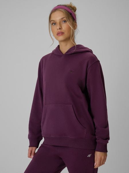4F Bluza dresowa relaxed z kapturem damska - fioletowa S. Fioletowe bluzy 4f, l, bez wzorów, z bawełny, z kapturem. Za 149,99 zł.