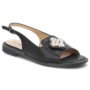 Sandały damskie S. Barski, ze skóry ekologicznej na płaskim obcasie z ozdobą, czarne, KV51-080. Czarne sandały S.BARSKI, z aplikacjami, ze skóry ekologicznej, bez obcasa, na obcasie, bez zapięcia. Za 109,00 zł.