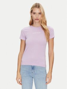 Guess Jeans T-Shirt W4YI01 J1314 Fioletowy Slim Fit. Fioletowe t-shirty Guess Jeans, xs, z aplikacjami, z bawełny, bez kołnierzyka, bez ramiączek. Za 89,99 zł.