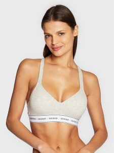 Guess Biustonosz top O1GC15 KBBU1 Szary. Szare topy Guess, xs, z aplikacjami, z bawełny, bez kołnierzyka, bez ramiączek. Za 99,99 zł.