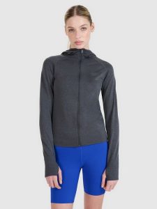 4F Bluza do biegania w terenie rozpinana z kapturem damska - szara XS/S. Szare bluzy 4f, s, bez wzorów, z dzianiny, z kapturem. W wyprzedaży za 99,99 zł.