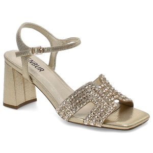 Złote Sandały Menbur Eleganckie Obuwie Damskie. Żółte sandały Menbur, z aplikacjami, z materiału, bez obcasa, na obcasie, bez zapięcia. Za 239,00 zł.