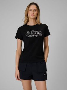 4F T-shirt regular z nadrukiem damski - czarny XS. Czarne t-shirty 4f, xs, bez wzorów, z bawełny, bez kołnierzyka, bez ramiączek. Za 59,99 zł.