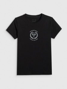 4F T-shirt slim z nadrukiem damski - czarny XXL. Czarne t-shirty 4f, uniwersalny, bez wzorów, z bawełny, bez kołnierzyka, bez ramiączek. Za 59,99 zł.
